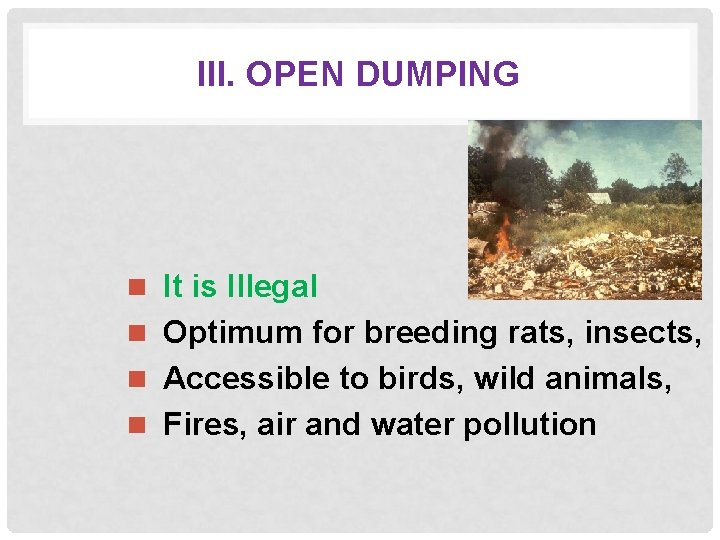 III. OPEN DUMPING n It is Illegal n Optimum for breeding rats, insects, n