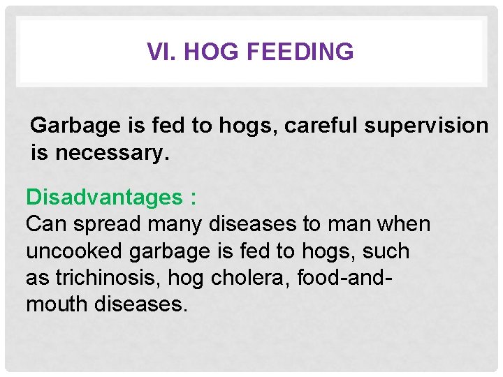 VI. HOG FEEDING Garbage is fed to hogs, careful supervision is necessary. Disadvantages :