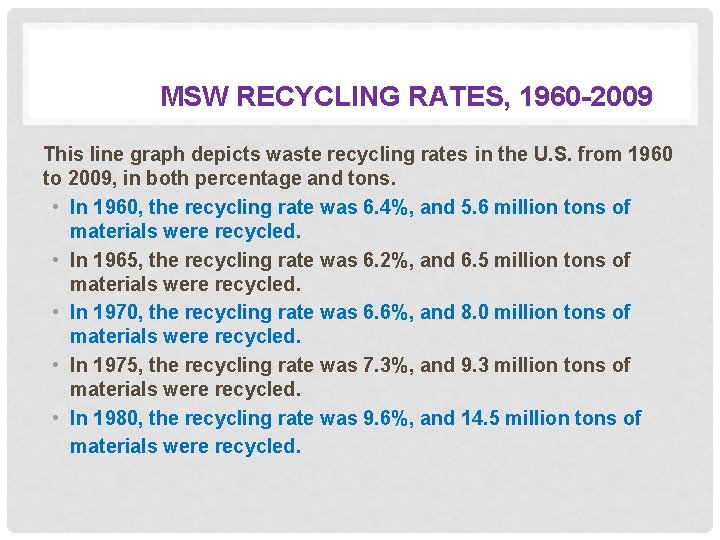 MSW RECYCLING RATES, 1960 -2009 This line graph depicts waste recycling rates in the
