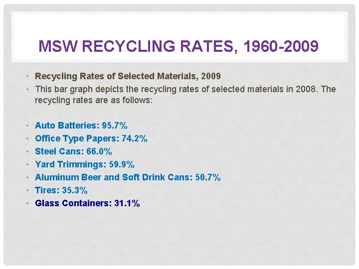 MSW RECYCLING RATES, 1960 -2009 • Recycling Rates of Selected Materials, 2009 • This