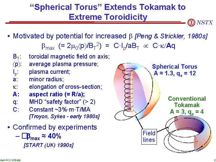 “Spherical Torus” Extends Tokamak to Extreme Toroidicity • Motivated by potential for increased [Peng