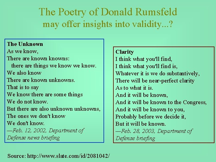 The Poetry of Donald Rumsfeld may offer insights into validity. . . ? The