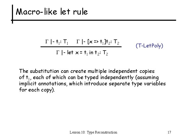 Macro-like let rule |- t 1: T 1 |- [x => t 1]t 2: