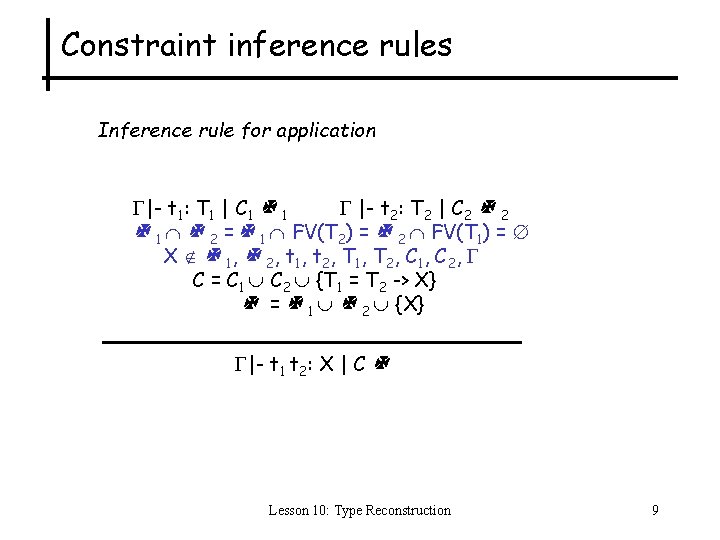 Constraint inference rules Inference rule for application |- t 1: T 1 | C