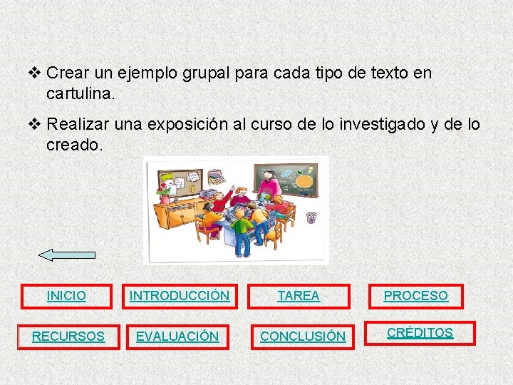 v Crear un ejemplo grupal para cada tipo de texto en cartulina. v Realizar