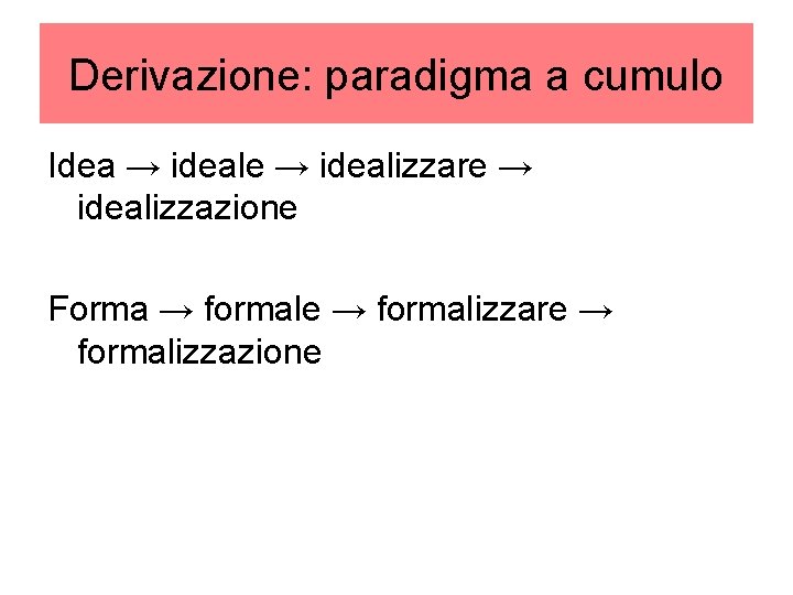 Derivazione: paradigma a cumulo Idea → ideale → idealizzare → idealizzazione Forma → formale