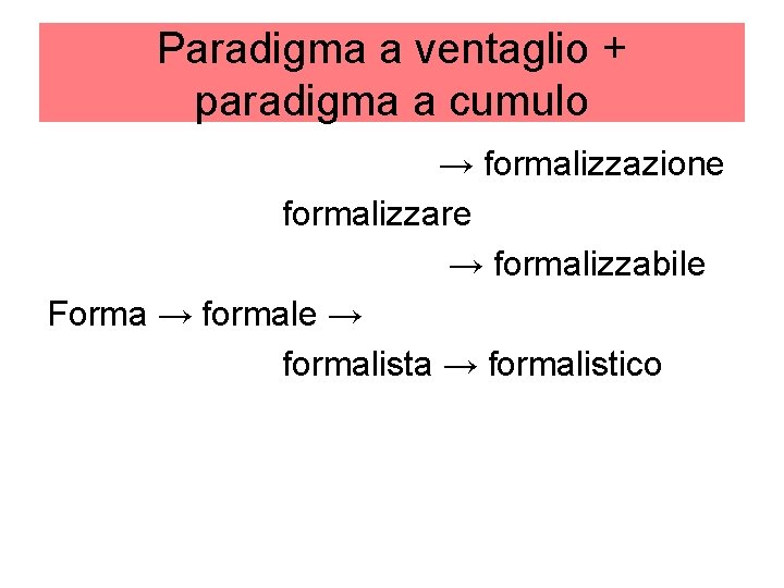 Paradigma a ventaglio + paradigma a cumulo → formalizzazione formalizzare → formalizzabile Forma →