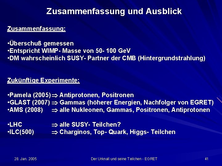 Zusammenfassung und Ausblick Zusammenfassung: • Überschuß gemessen • Entspricht WIMP- Masse von 50 -