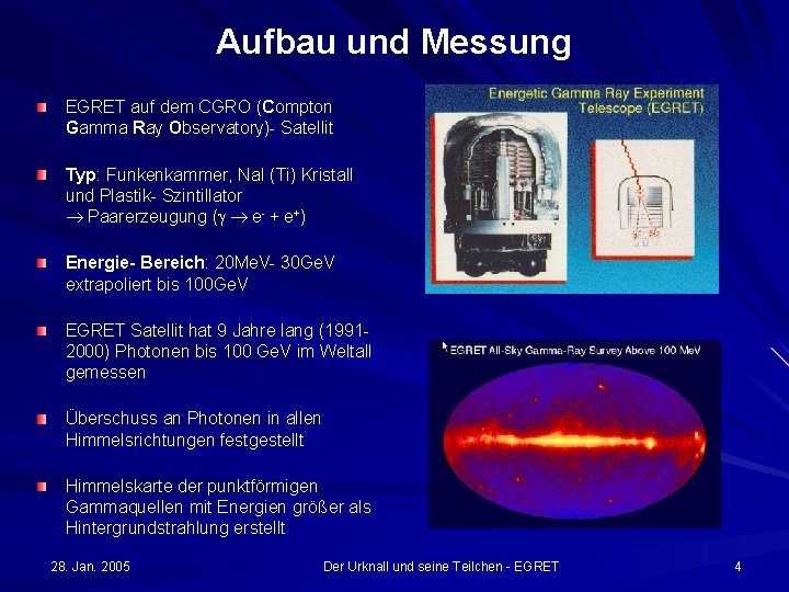 Aufbau und Messung EGRET auf dem CGRO (Compton Gamma Ray Observatory)- Satellit Typ: Funkenkammer,