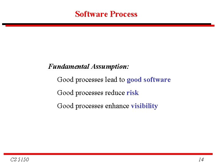 Software Process Fundamental Assumption: Good processes lead to good software Good processes reduce risk