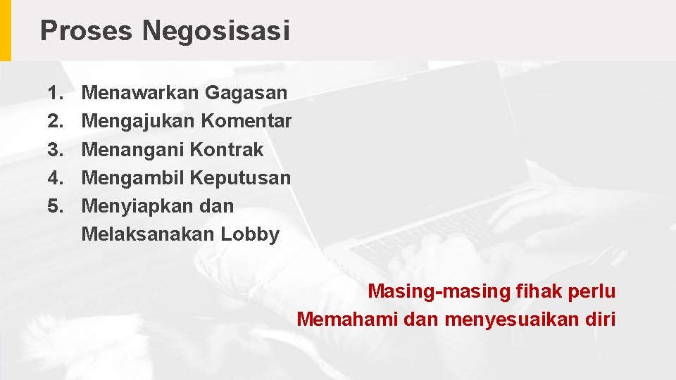 Proses Negosisasi 1. 2. 3. 4. 5. Menawarkan Gagasan Mengajukan Komentar Menangani Kontrak Mengambil