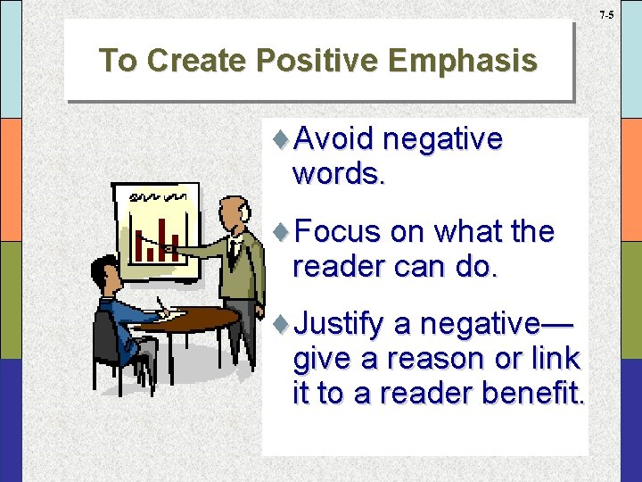 7 -5 To Create Positive Emphasis ¨Avoid negative words. ¨Focus on what the reader