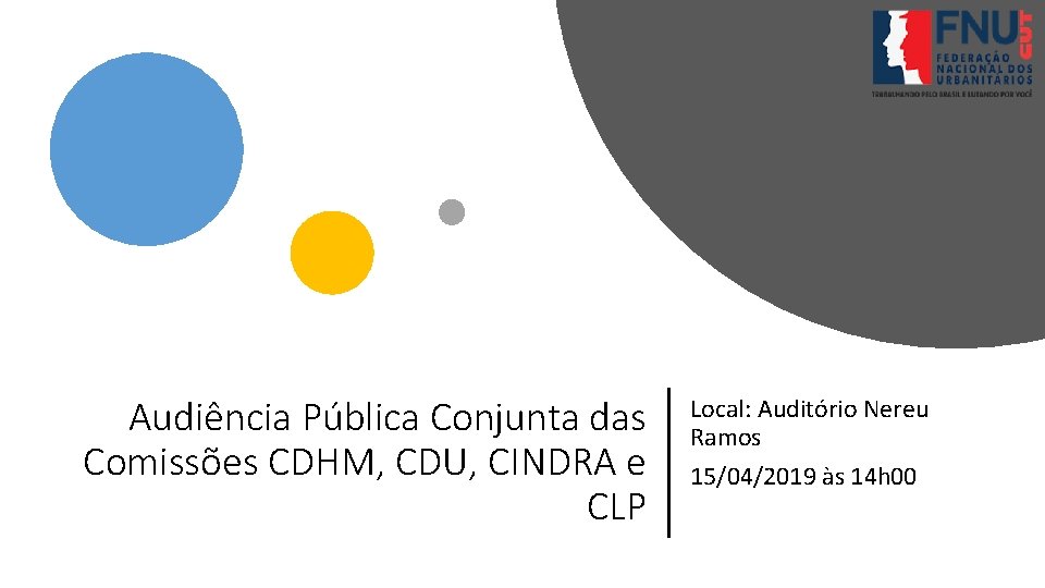 Audiência Pública Conjunta das Comissões CDHM, CDU, CINDRA e CLP Local: Auditório Nereu Ramos