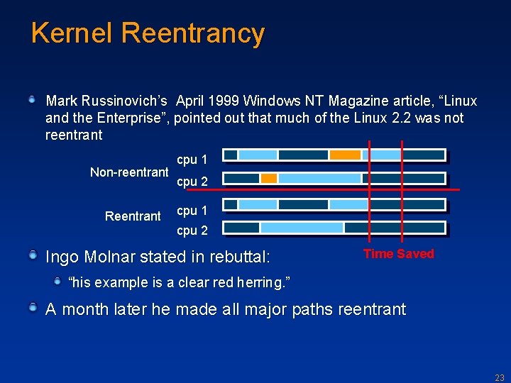 Kernel Reentrancy Mark Russinovich’s April 1999 Windows NT Magazine article, “Linux and the Enterprise”,