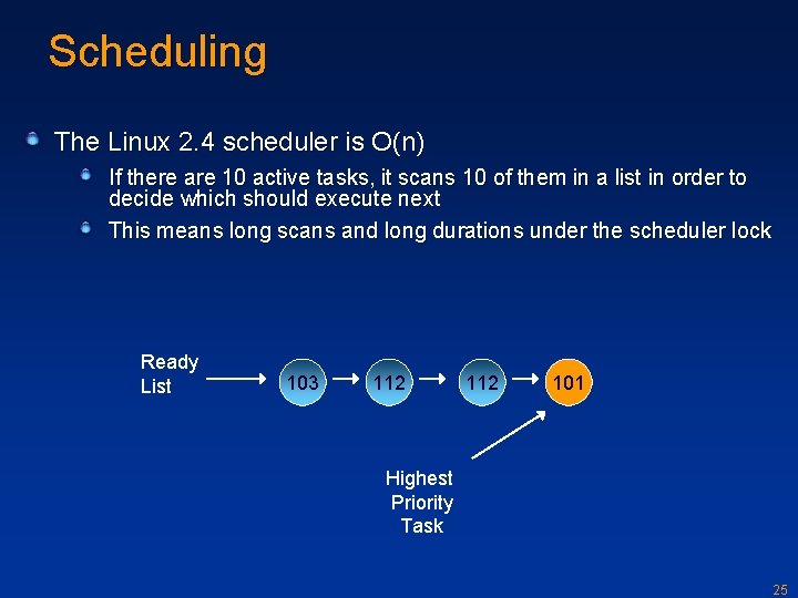 Scheduling The Linux 2. 4 scheduler is O(n) If there are 10 active tasks,