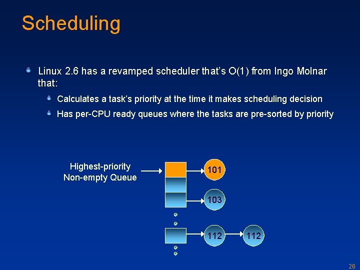 Scheduling Linux 2. 6 has a revamped scheduler that’s O(1) from Ingo Molnar that: