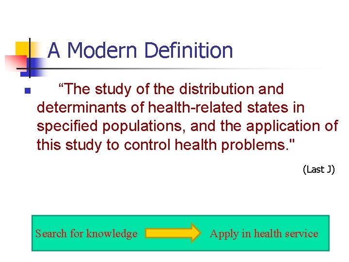 A Modern Definition n “The study of the distribution and determinants of health-related states