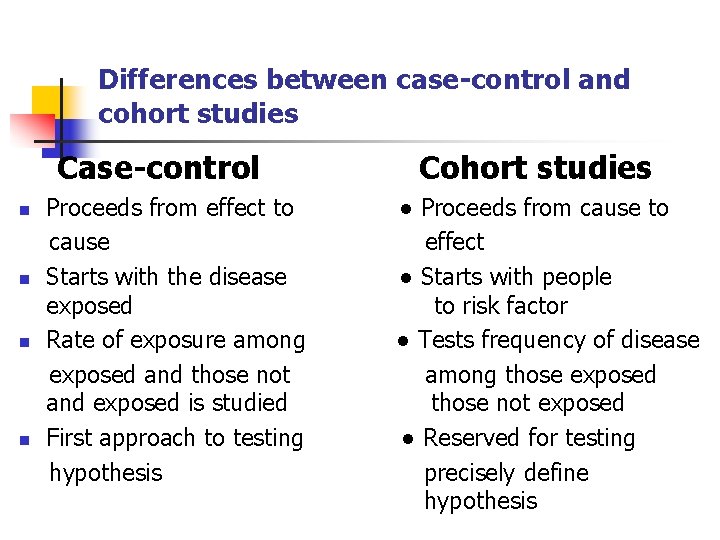 Differences between case-control and cohort studies Case-control n n Proceeds from effect to cause