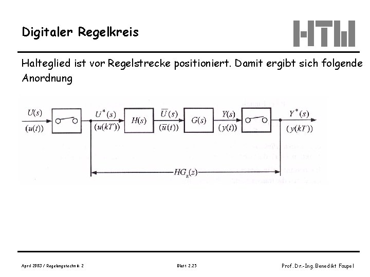 Digitaler Regelkreis Halteglied ist vor Regelstrecke positioniert. Damit ergibt sich folgende Anordnung Bild 2.
