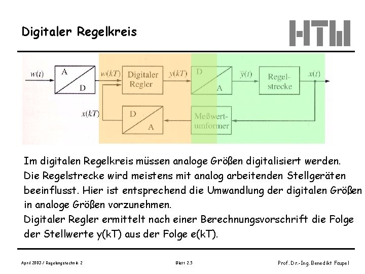 Digitaler Regelkreis Im digitalen Regelkreis müssen analoge Größen digitalisiert werden. Die Regelstrecke wird meistens