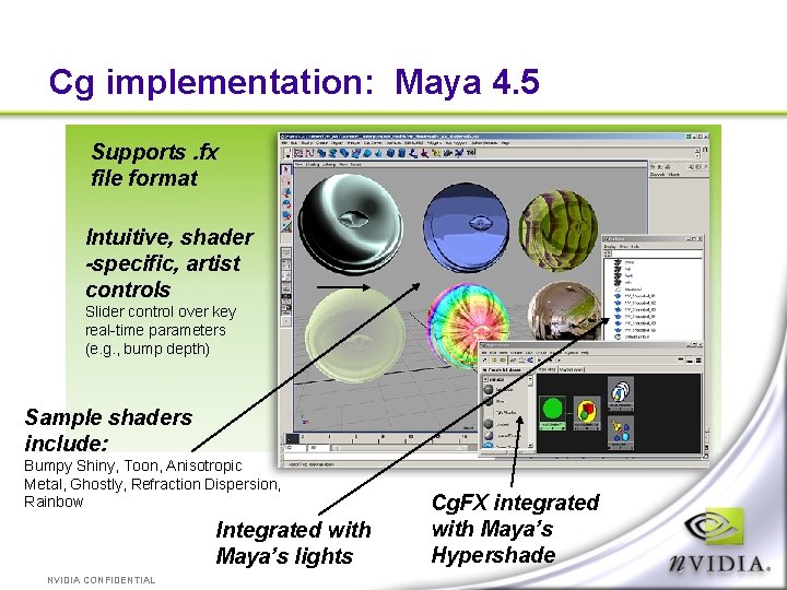 Cg implementation: Maya 4. 5 Supports. fx file format Intuitive, shader -specific, artist controls