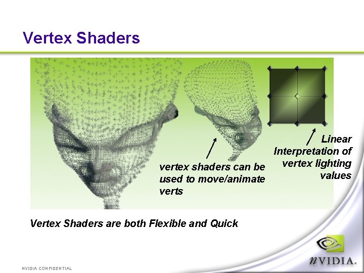 Vertex Shaders Linear Interpretation of vertex lighting vertex shaders can be values used to