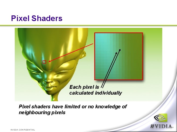 Pixel Shaders Each pixel is calculated individually Pixel shaders have limited or no knowledge
