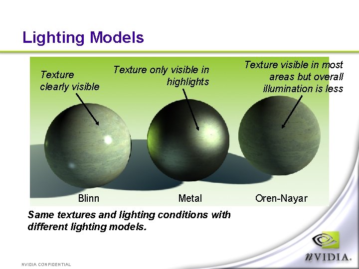 Lighting Models Texture clearly visible Blinn Texture only visible in highlights Metal Same textures