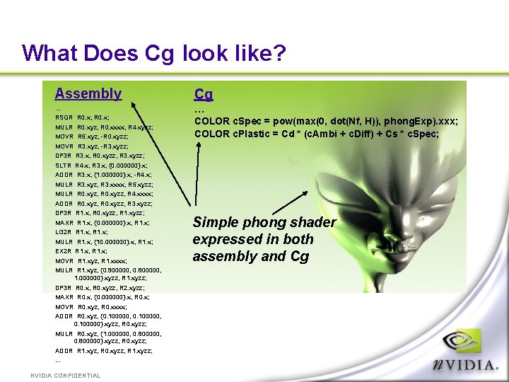 What Does Cg look like? Assembly Cg … … COLOR c. Spec = pow(max(0,