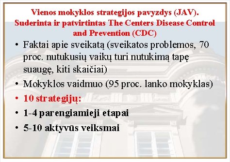 Vienos mokyklos strategijos pavyzdys (JAV). Suderinta ir patvirtintas The Centers Disease Control and Prevention