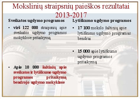 Mokslinių straipsnių paieškos rezultatai 2013 -2017 Sveikatos ugdymo programos Lytiškumo ugdymo programos • virš