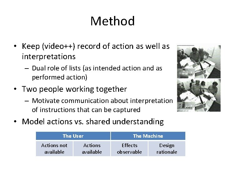Method • Keep (video++) record of action as well as interpretations – Dual role