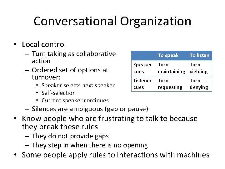 Conversational Organization • Local control – Turn taking as collaborative action – Ordered set