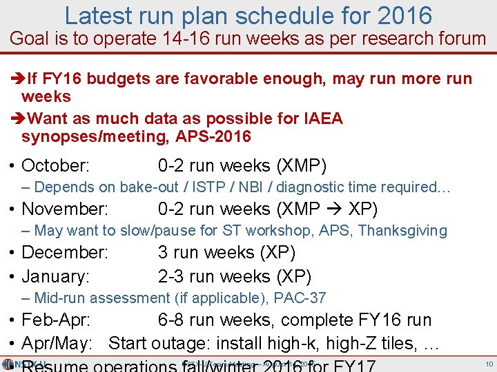Latest run plan schedule for 2016 Goal is to operate 14 -16 run weeks