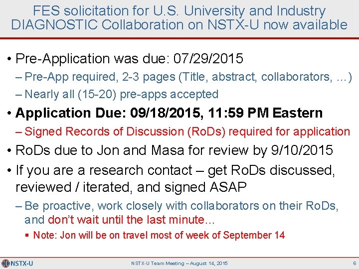 FES solicitation for U. S. University and Industry DIAGNOSTIC Collaboration on NSTX-U now available