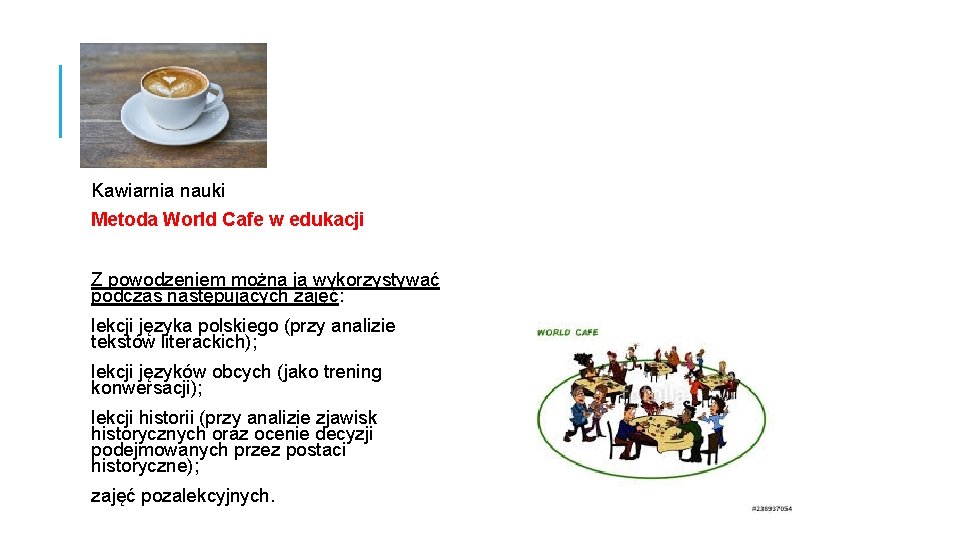 Kawiarnia nauki Metoda World Cafe w edukacji Z powodzeniem można ją wykorzystywać podczas następujących