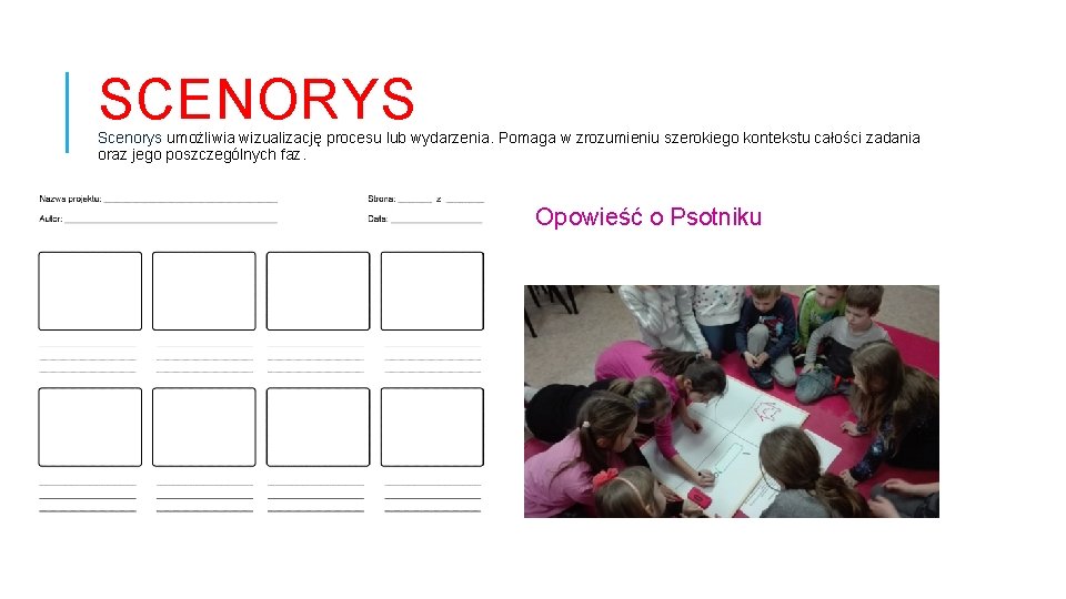 SCENORYS Scenorys umożliwia wizualizację procesu lub wydarzenia. Pomaga w zrozumieniu szerokiego kontekstu całości zadania