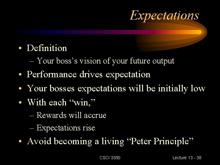 Expectations • Definition – Your boss’s vision of your future output • Performance drives