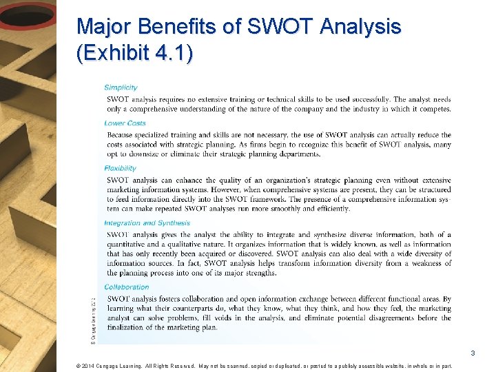 Major Benefits of SWOT Analysis (Exhibit 4. 1) 3 © 2014 Cengage Learning. All