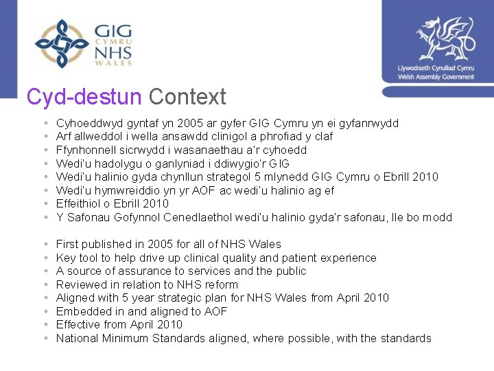 Cyd-destun Context ◦ ◦ ◦ ◦ Cyhoeddwyd gyntaf yn 2005 ar gyfer GIG Cymru