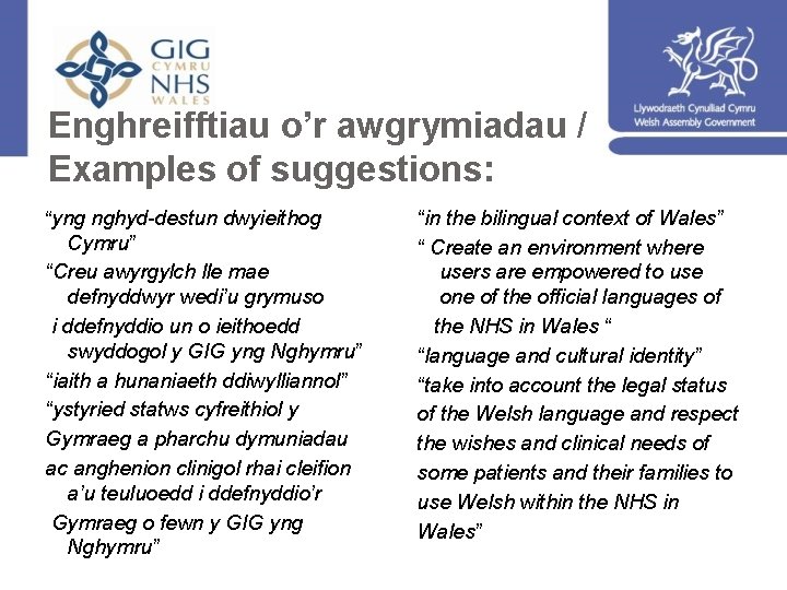 Enghreifftiau o’r awgrymiadau / Examples of suggestions: “yng nghyd-destun dwyieithog Cymru” “Creu awyrgylch lle