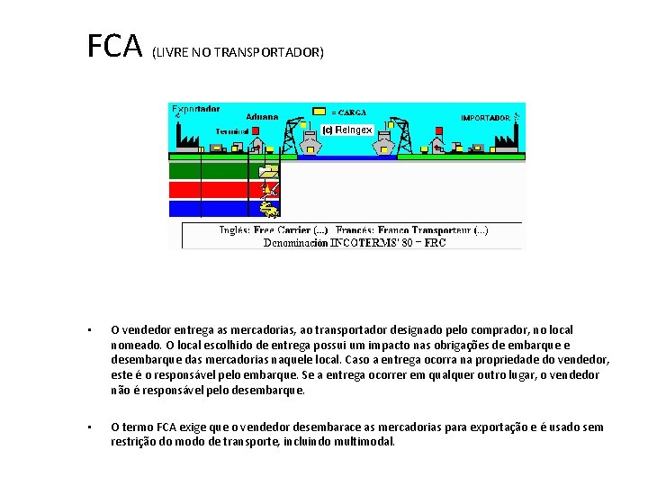 FCA (LIVRE NO TRANSPORTADOR) • O vendedor entrega as mercadorias, ao transportador designado pelo