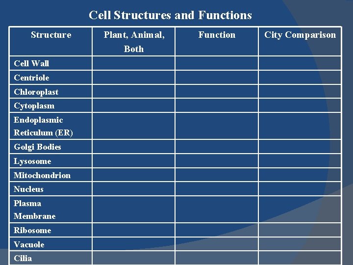 Cell Structures and Functions Structure Cell Wall Centriole Chloroplast Cytoplasm Endoplasmic Reticulum (ER) Golgi