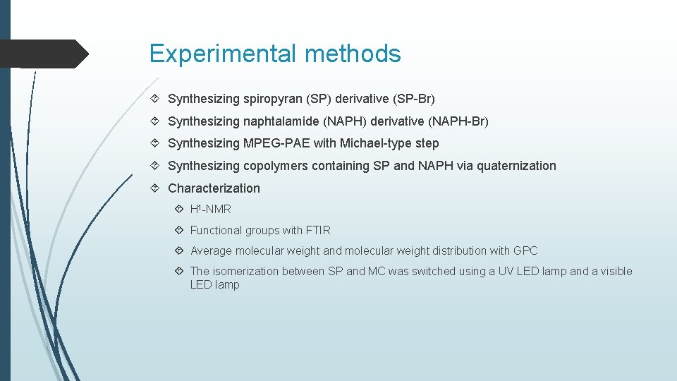 Experimental methods Synthesizing spiropyran (SP) derivative (SP-Br) Synthesizing naphtalamide (NAPH) derivative (NAPH-Br) Synthesizing MPEG-PAE