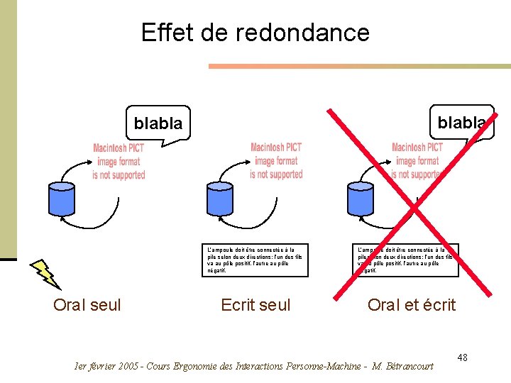 Effet de redondance blabla L’ampoule doit être connectée à la pile selon deux directions: