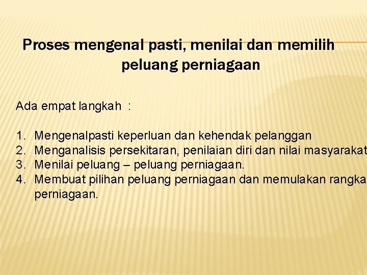 Proses mengenal pasti, menilai dan memilih peluang perniagaan Ada empat langkah : 1. 2.