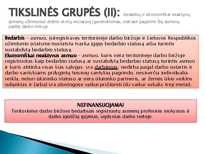 TIKSLINĖS GRUPĖS (II): bedarbių ir ekonomiškai neaktyvių asmenų užimtumui didinti skirtų iniciatyvų įgyvendinimas, siekiant