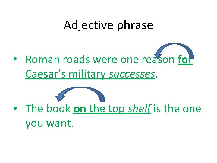 Adjective phrase • Roman roads were one reason for Caesar’s military successes. • The