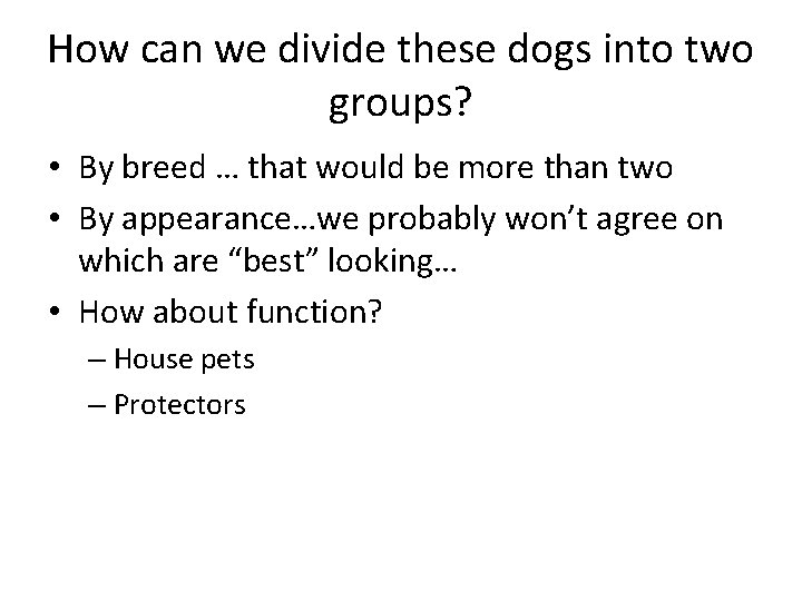 How can we divide these dogs into two groups? • By breed … that