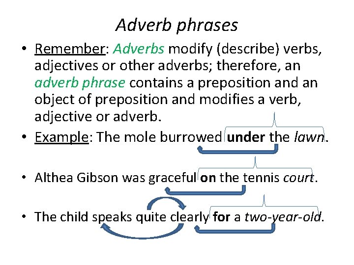 Adverb phrases • Remember: Adverbs modify (describe) verbs, adjectives or other adverbs; therefore, an